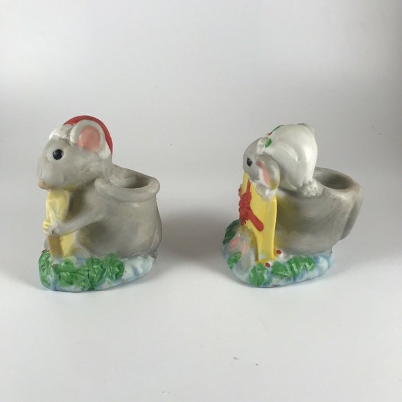 Vintage Christmas MOUSE CANDLE HOLDERS Holiday MICE FIGURINES Set Of 2 - Picture 2 of 8